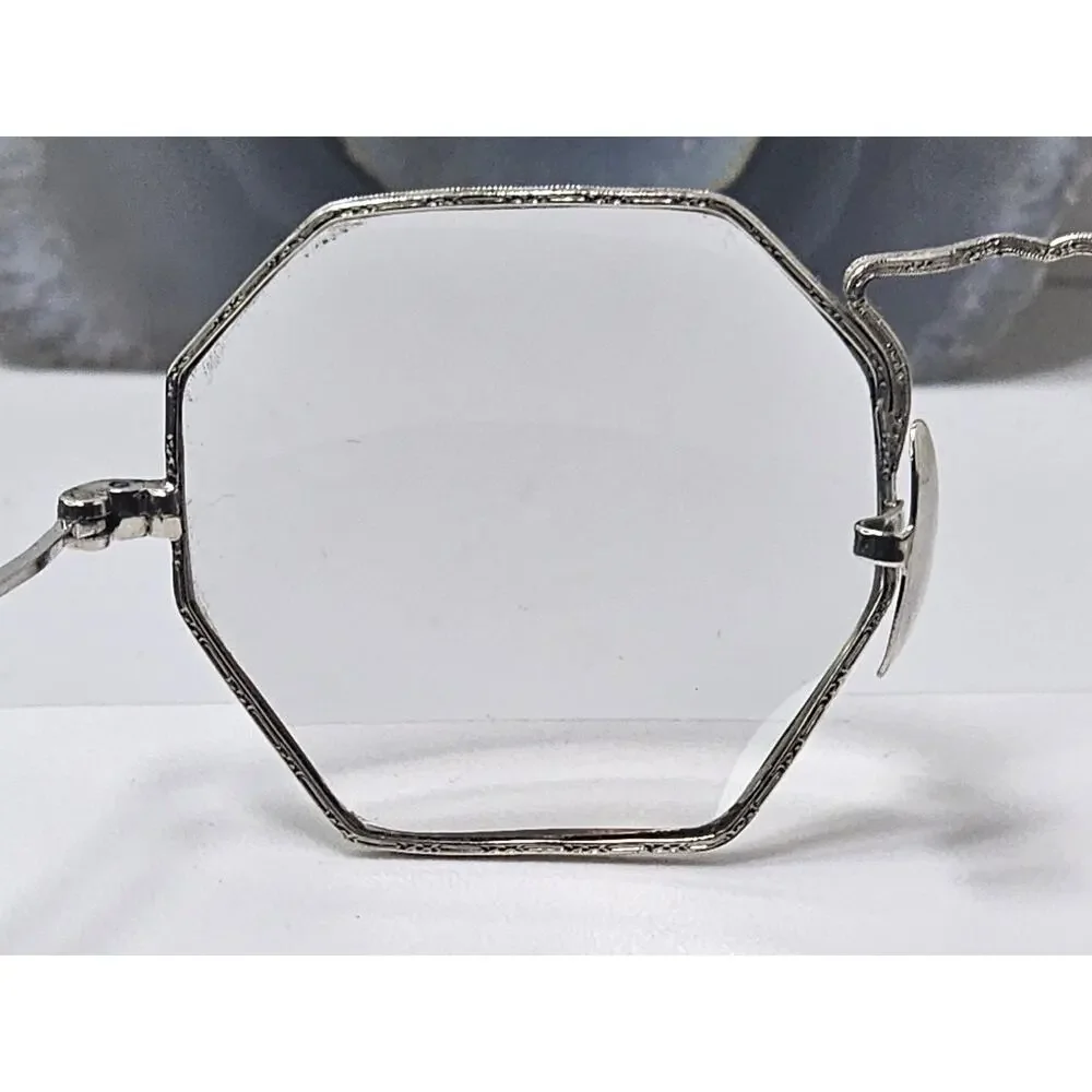 Art Deco Cortland White Gold Filled Octagon Framed Glasses - 10K White Gold Pads